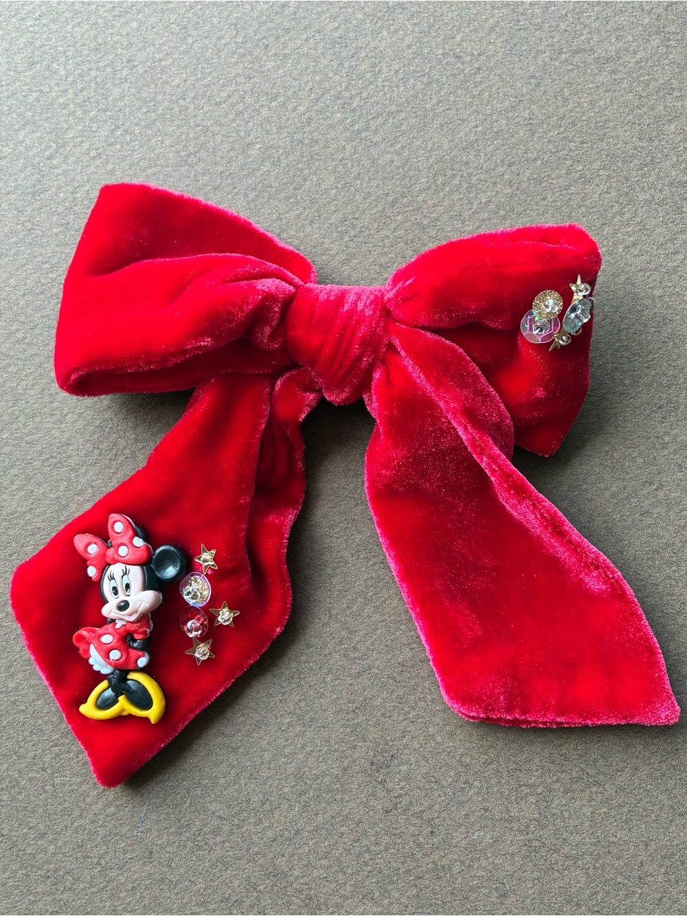 Handmade Red Velvet Bow on Alligator Clip with Minnie Mouse Charm